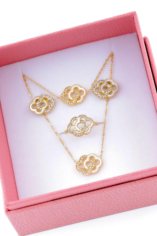 Parure de 4 bijoux: collier, bracelet, boucle et bague en acier inoxydable