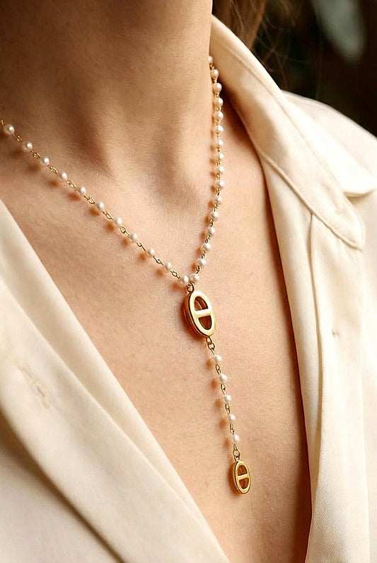 Collier perle en Y au motif maille marine en acier inoxydable