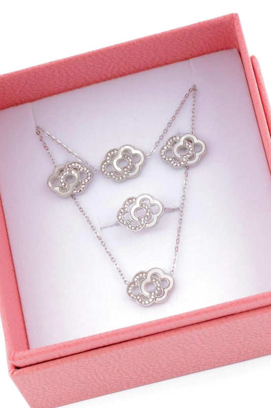 Parure de 4 bijoux: collier, bracelet, boucle et bague en acier inoxydable