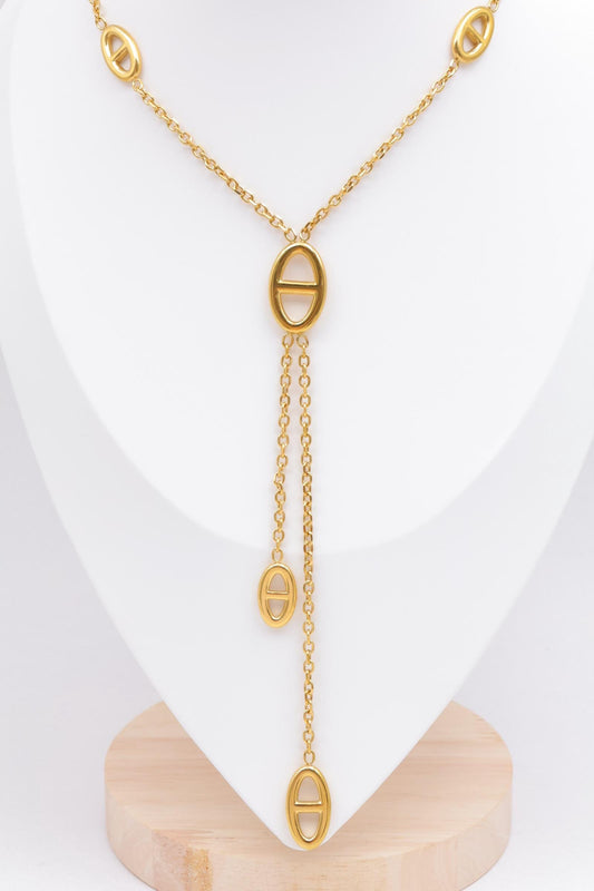 Collier Y double maille marine en acier inoxydable doré