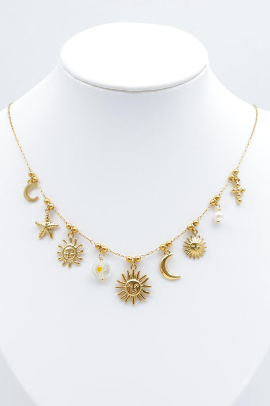 Collier fine breloque célestes en acier inoxydable doré