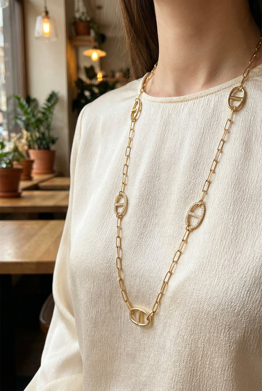 Sautoir Maeva - Collier Sautoir Maille Marine avec strass - Acier inoxydable