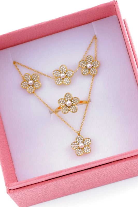 Parure de 4 bijoux: collier, bracelet, boucle et bague en acier inoxydable