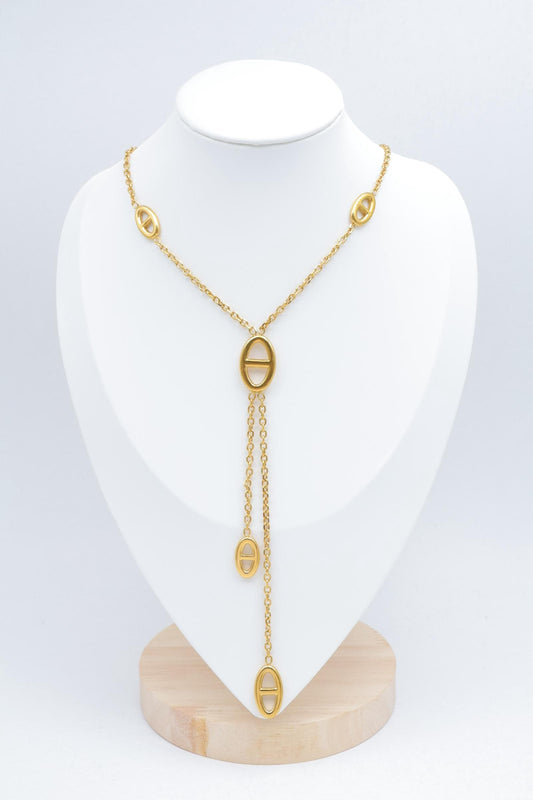 Collier Y double maille marine en acier inoxydable doré