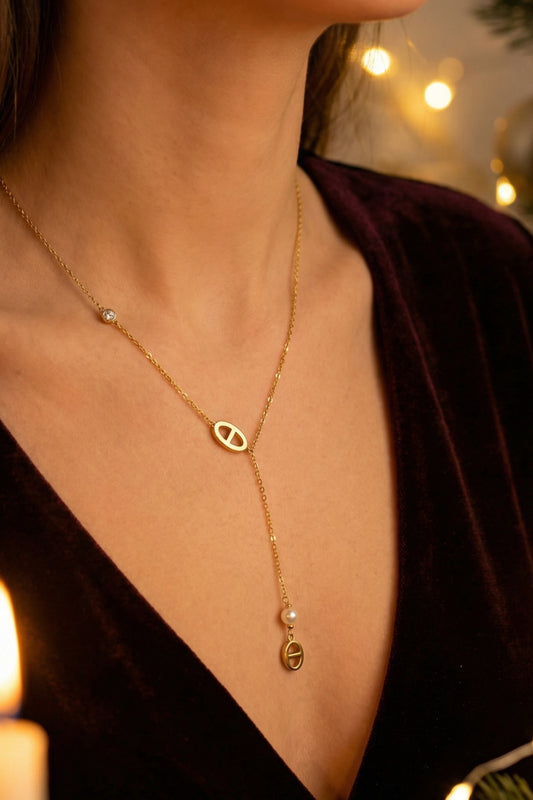 Collier doré design Y en acier inoxydable avec détail perlé maille marine 