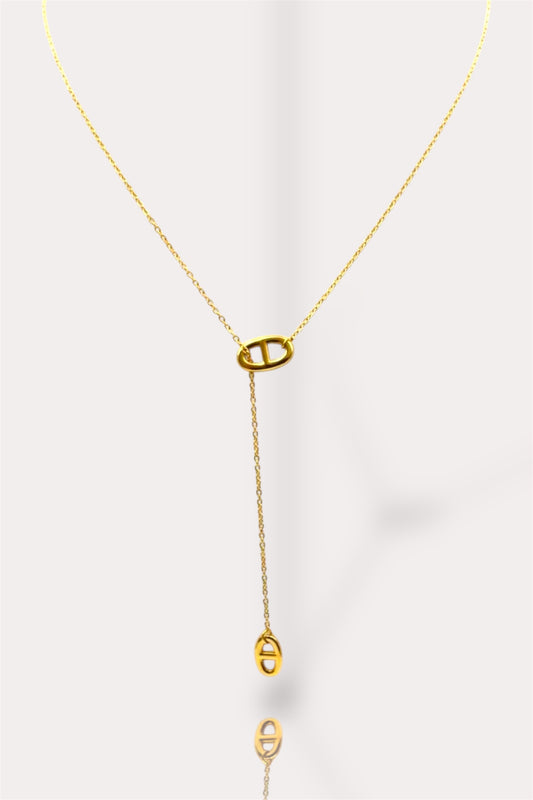 Collier lariat Icono en acier inoxydable doré, design minimaliste avec maille marine. Collier en Y 
