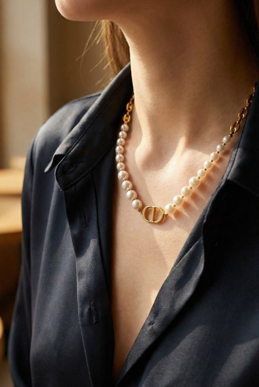 Collier Dania - Collier perle maille marine - Acier inoxydable