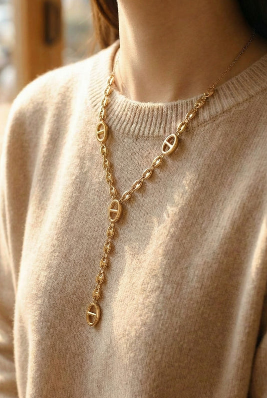 Collier Y maille marine avec graine de café en acier inoxydable doré ou argenté